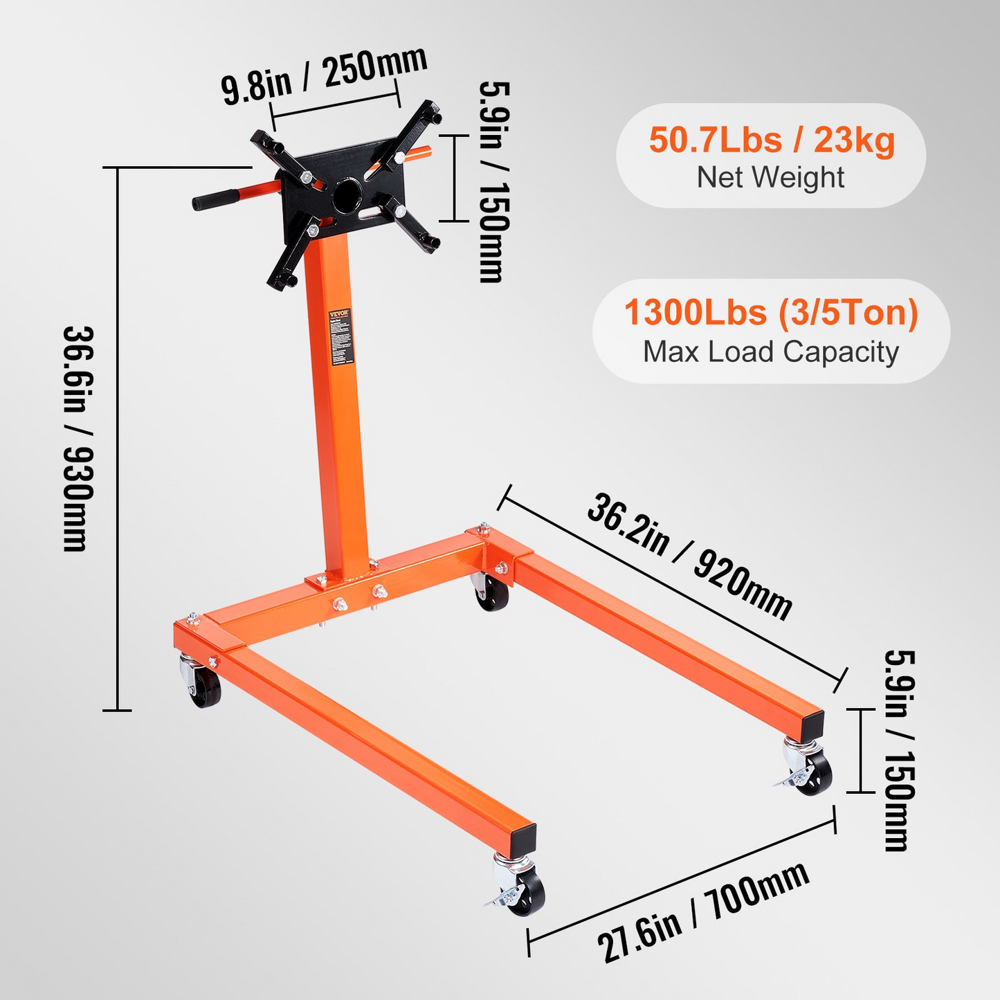 VEVOR Engine Stand, 1300 lbs (3/5 Ton) Rotating Engine Motor Stand with 360 Degree Adjustable Head, Cast Iron Motor Hoist Dolly, 4-Caster, 4 Adjustable Arms, for Vehicle Maintenance, Auto Repair