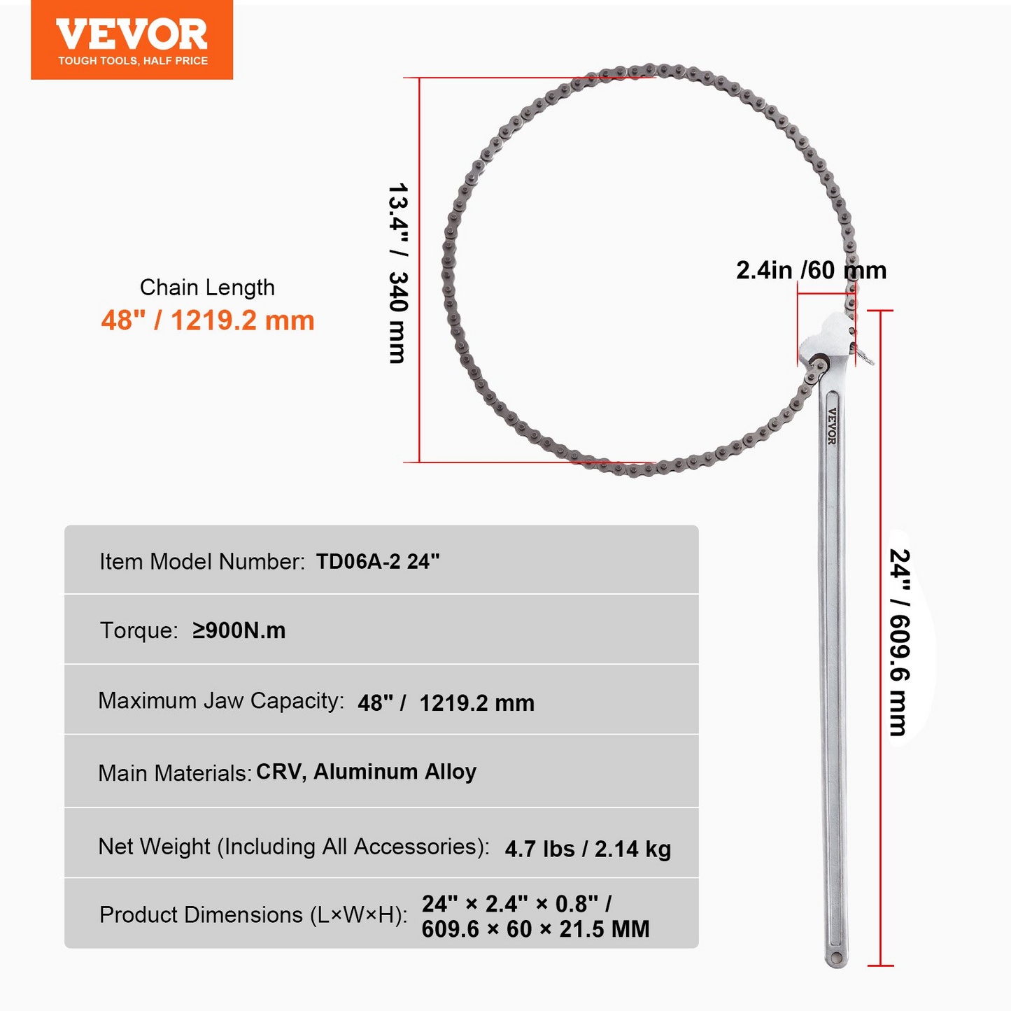 VEVOR Chain Wrench, 48 inch Chain Pipe Wrench, 13.4 inch Diameter Capacity, CRV Reversible Pipe Fitting Tool Wrench with High Strength Jaw and Ergonomic Handle, for Pipe Installation and Car Repair