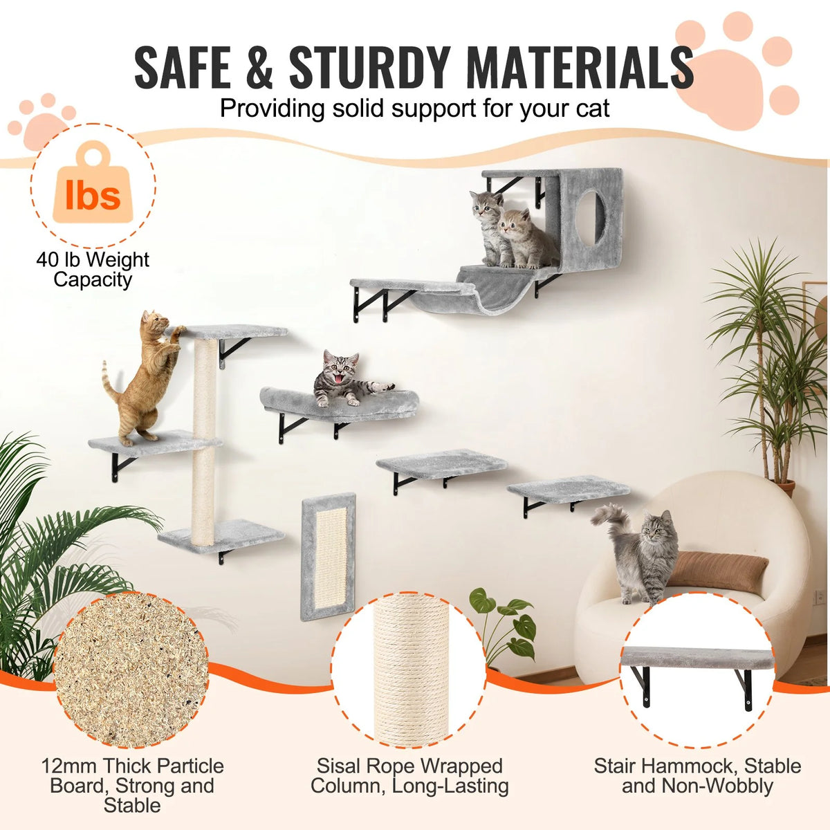 VEVOR Wall Mounted Cat Shelves Tree with Jump Boards Hammock Sofa Grip Set of 6 - view 2