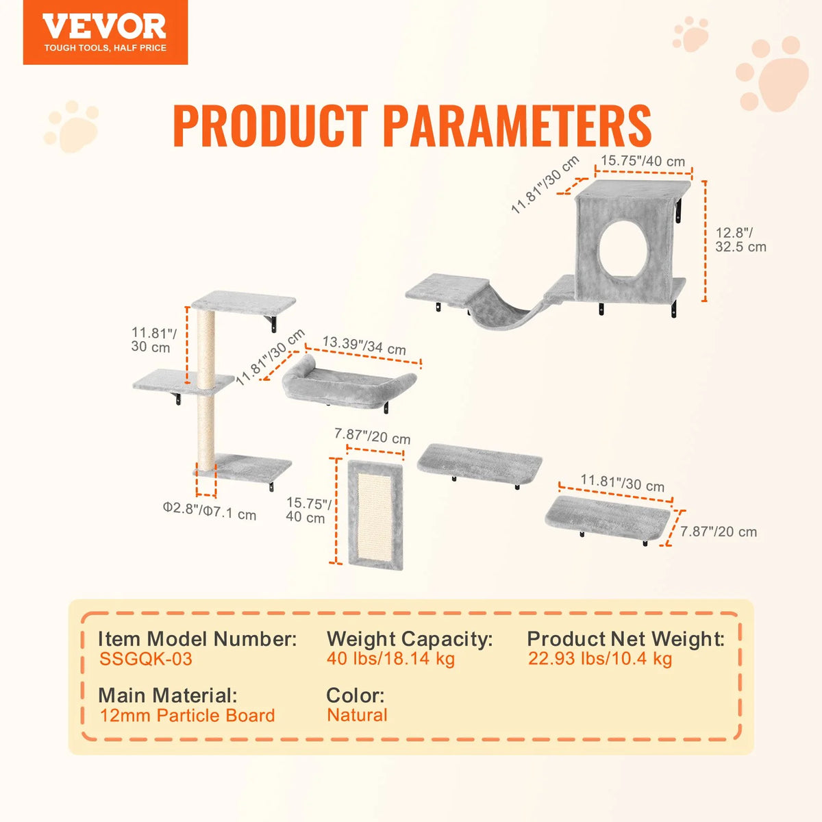 VEVOR Wall Mounted Cat Shelves Tree with Jump Boards Hammock Sofa Grip Set of 6 - view 6