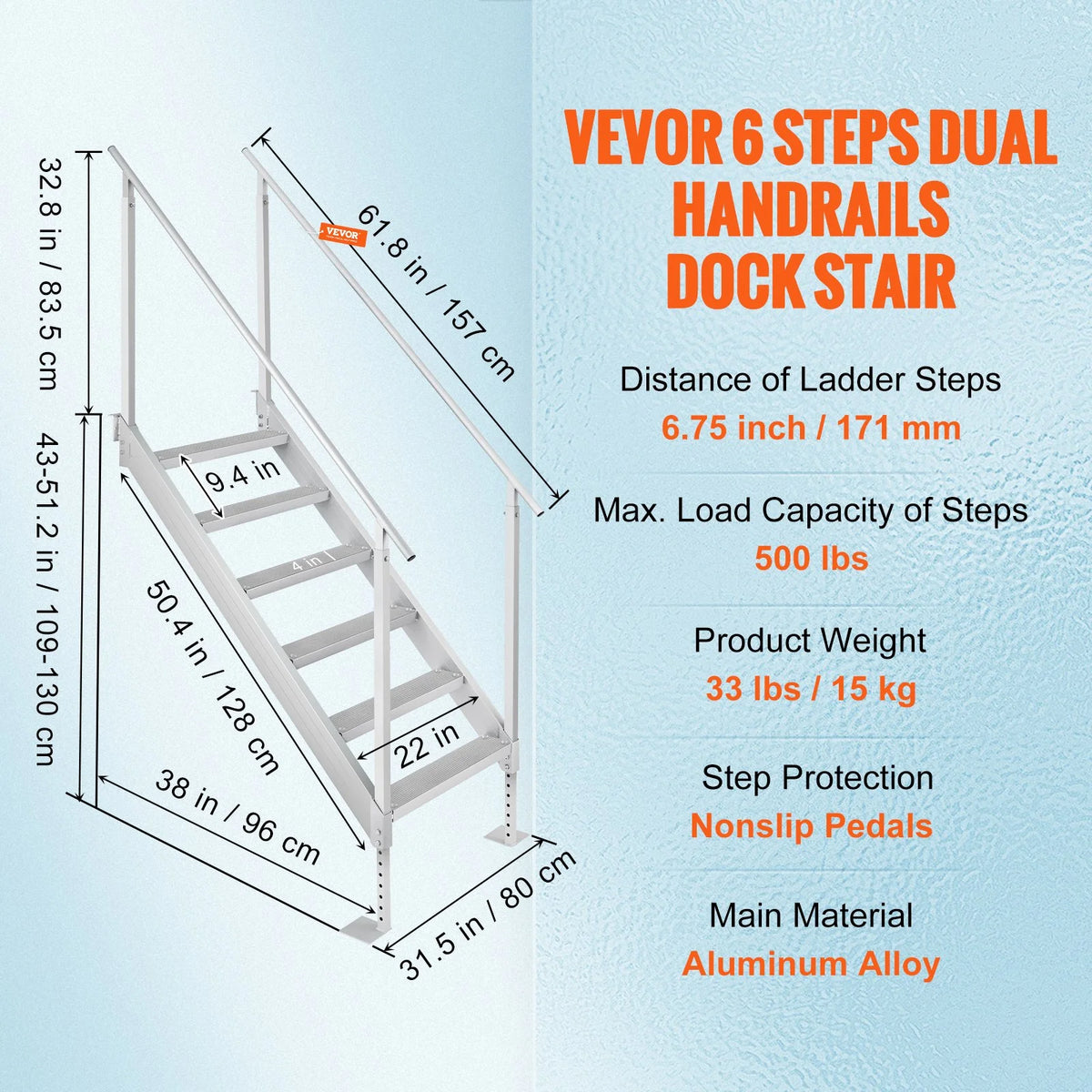 VEVOR Dock Ladder, 43''-51'' Adjustable Height, 500 lbs Load Capacity, Aluminum Alloy 6 Steps Pontoon Boat - view 16