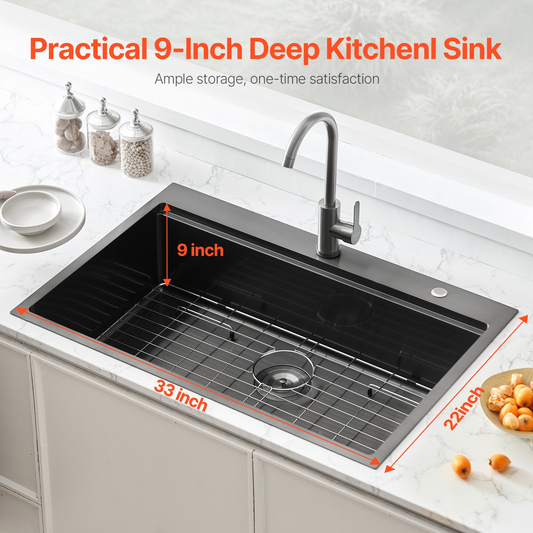 33" Kitchen Sink Top Mount Single Bowl Drop-In Basin Stainless Steel Black