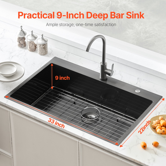 33" Kitchen Sink Top Mount Single Bowl Drop-In Basin Stainless Steel Black