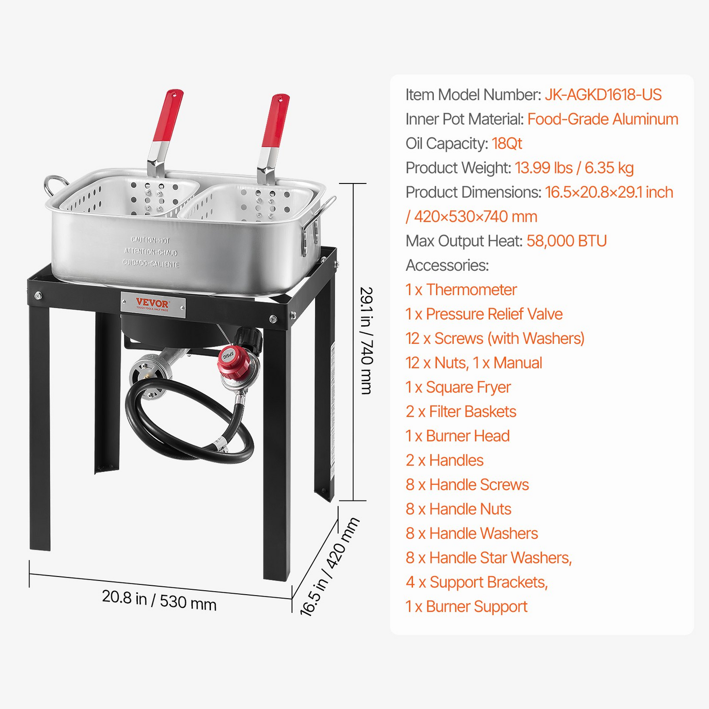 18 Qt Fish and Wing Fryer Aluminum Outdoor Propane Deep Fryer Kit with 2 Baskets