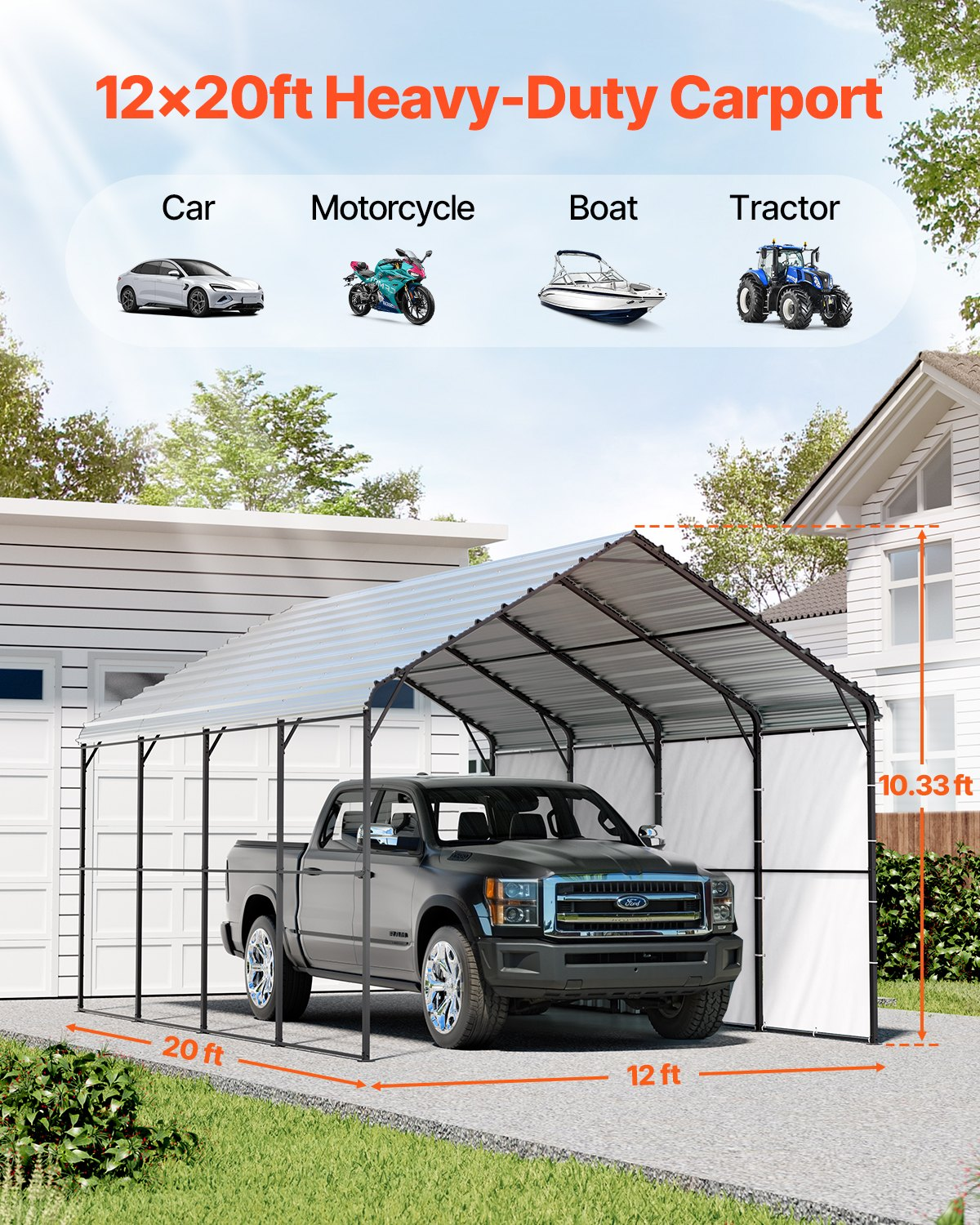 VEVOR Heavy Duty Metal Carport 12' x 20' Outdoor Carport with Galvanized Steel Frame & Roof