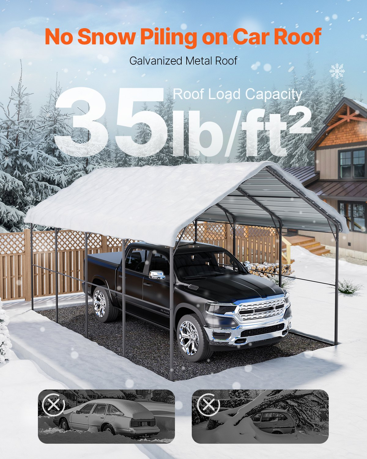 VEVOR Heavy Duty Metal Carport 12' x 20' Outdoor Carport with Galvanized Steel Frame & Roof - view 3
