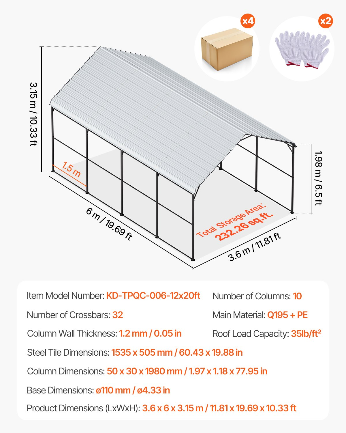 VEVOR Heavy Duty Metal Carport 12' x 20' Outdoor Carport with Galvanized Steel Frame & Roof - view 6