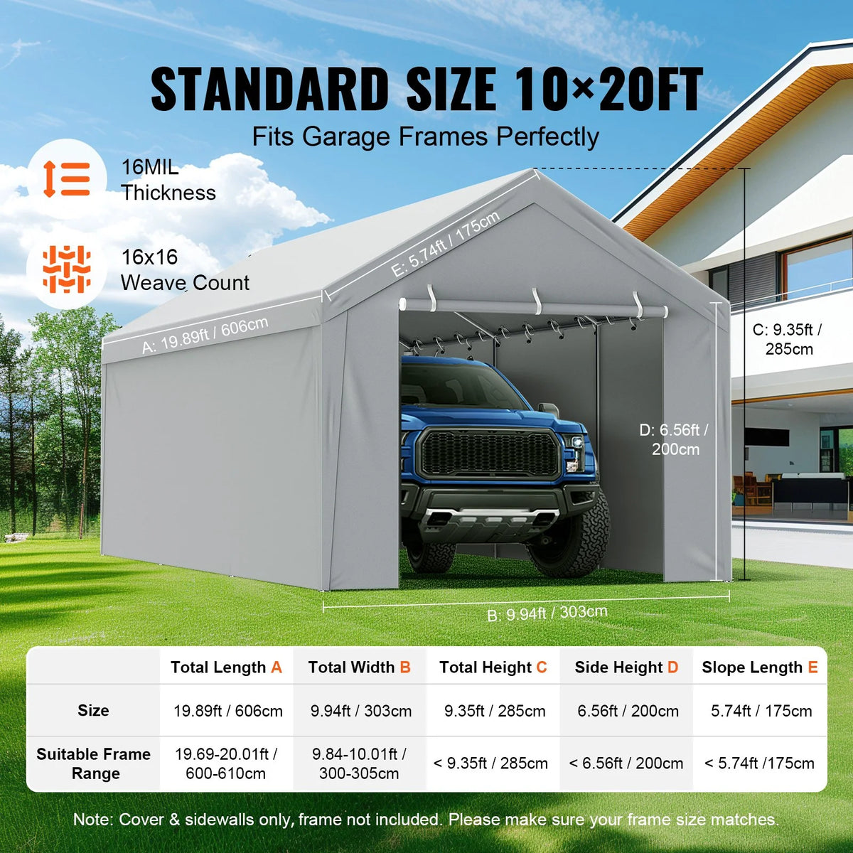 VEVOR Carport Replacement Canopy Cover Top + Side Wall 10 x 20 ft - view 11