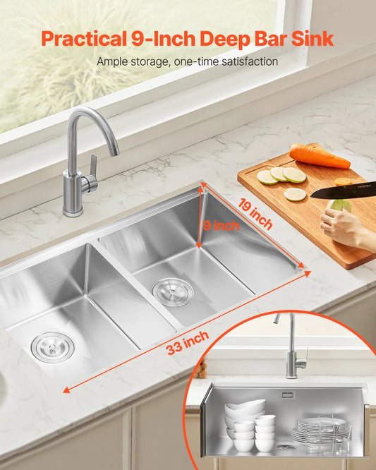 33" Kitchen Sink Undermount Double Bowl Drop-In Basin Stainless Steel Bar - view 1