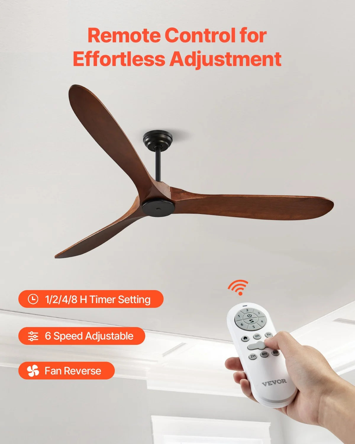 VEVOR 72 Inch Ceiling Fan without Light, 6-Speed Remote Control, 3-Wood-Blade, Reversible DC Motor, Modern - view 5