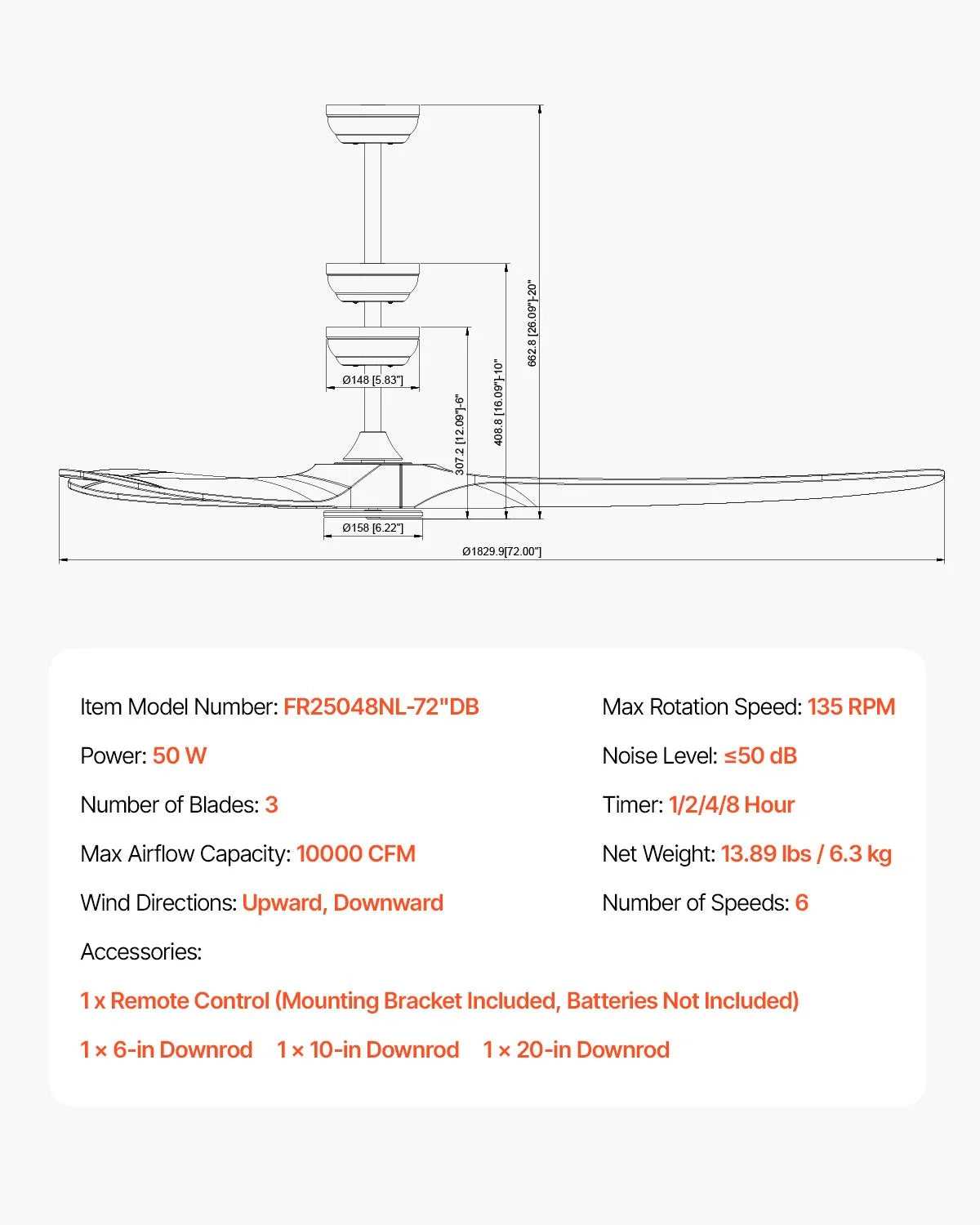 VEVOR 72 Inch Ceiling Fan without Light, 6-Speed Remote Control, 3-Wood-Blade, Reversible DC Motor, Modern - view 7