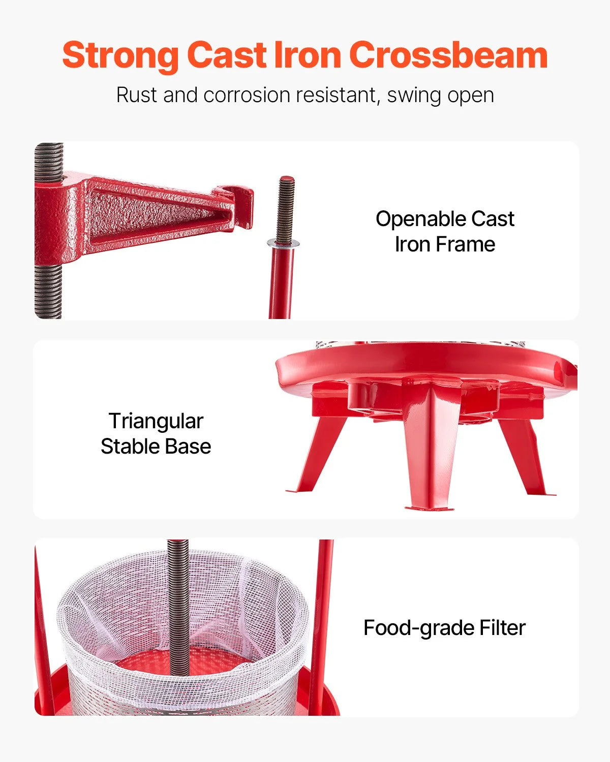 VEVOR 2.38 Gal/9L Fruit Wine Press, Stainless Steel Basket with Cross-beam and Triangular Structure, Manual - view 4