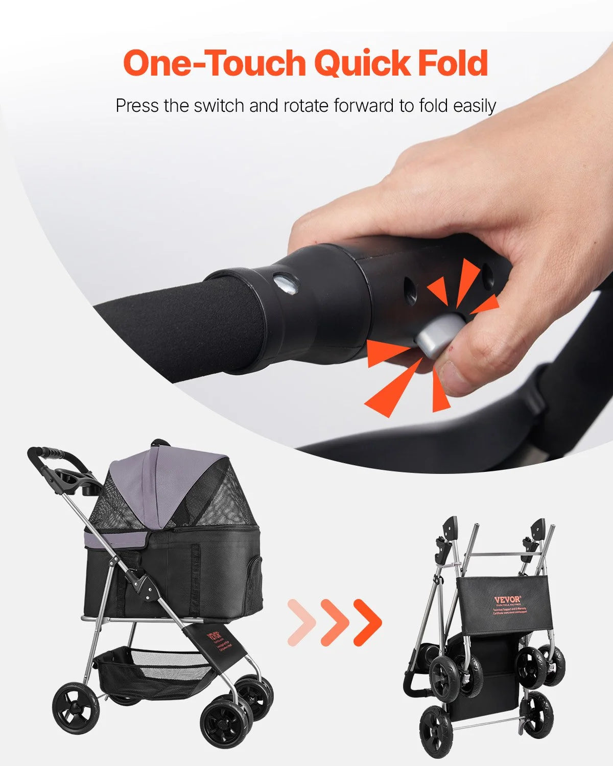 VEVOR Pet Stroller, 35 lbs Weight Capacity, Foldable Dog Stroller Cart, 4 Wheels Cats Pram with Detachable - view 6