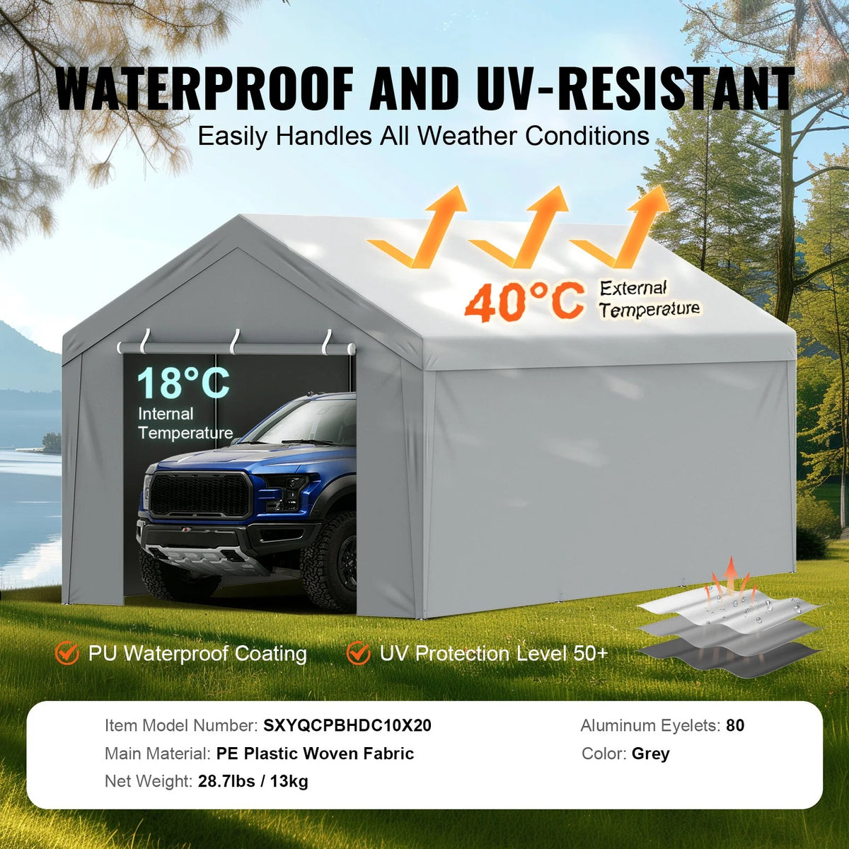 VEVOR Carport Replacement Canopy Cover Top + Side Wall 10 x 20 ft - view 12