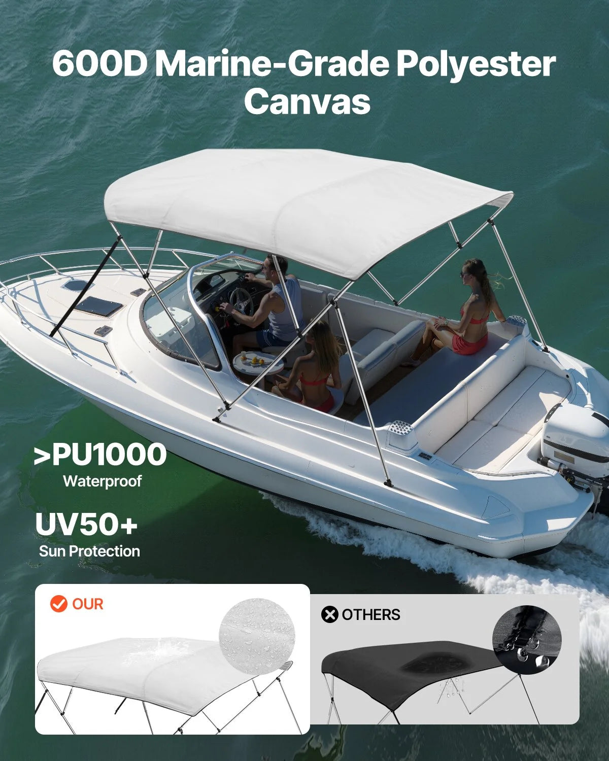VEVOR 4 Bow Boat Bimini Tops, 600D Polyester Canopy with Aluminum Alloy Frame, Waterproof & Sun Shade Boat