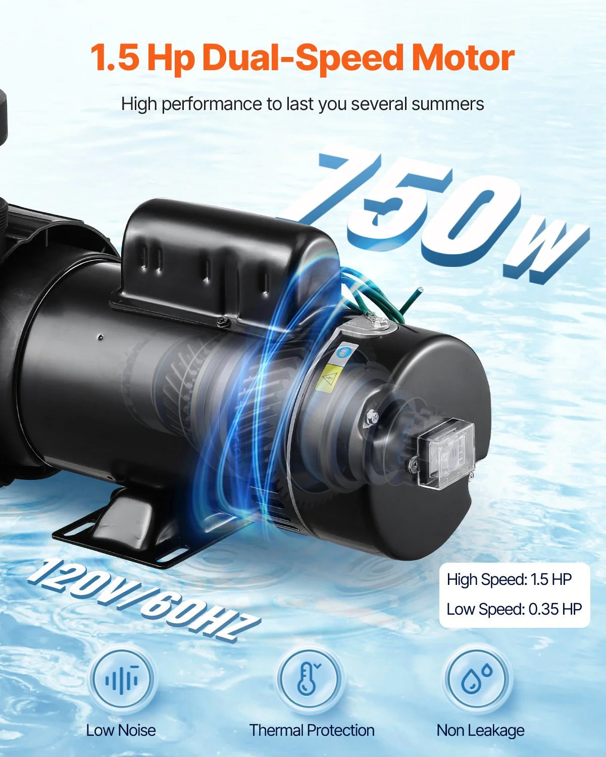 VEVOR Above Ground Pool Pump, 1.5HP/0.35HP, Dual Speed Swimming Pool Pump, High 110 GPM 54 ft Lift, Low 52 - view 2