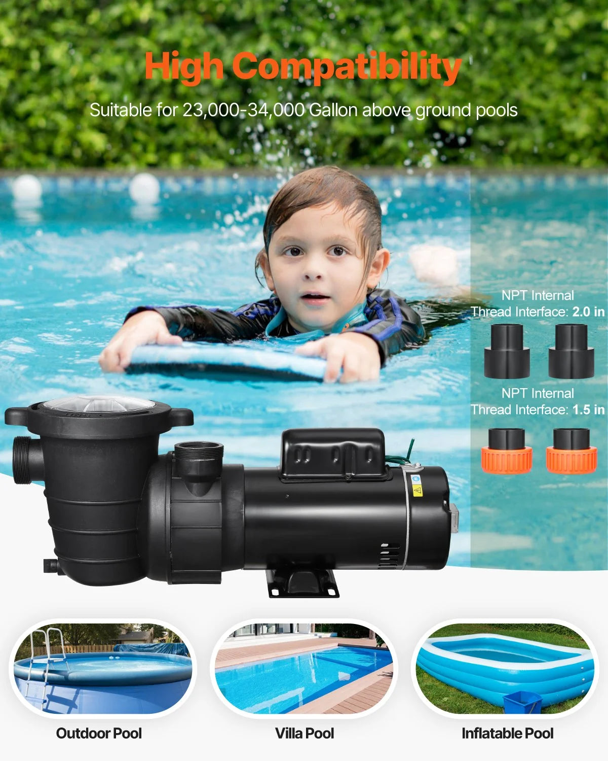 VEVOR Above Ground Pool Pump, 1.5HP/0.35HP, Dual Speed Swimming Pool Pump, High 110 GPM 54 ft Lift, Low 52 - view 3