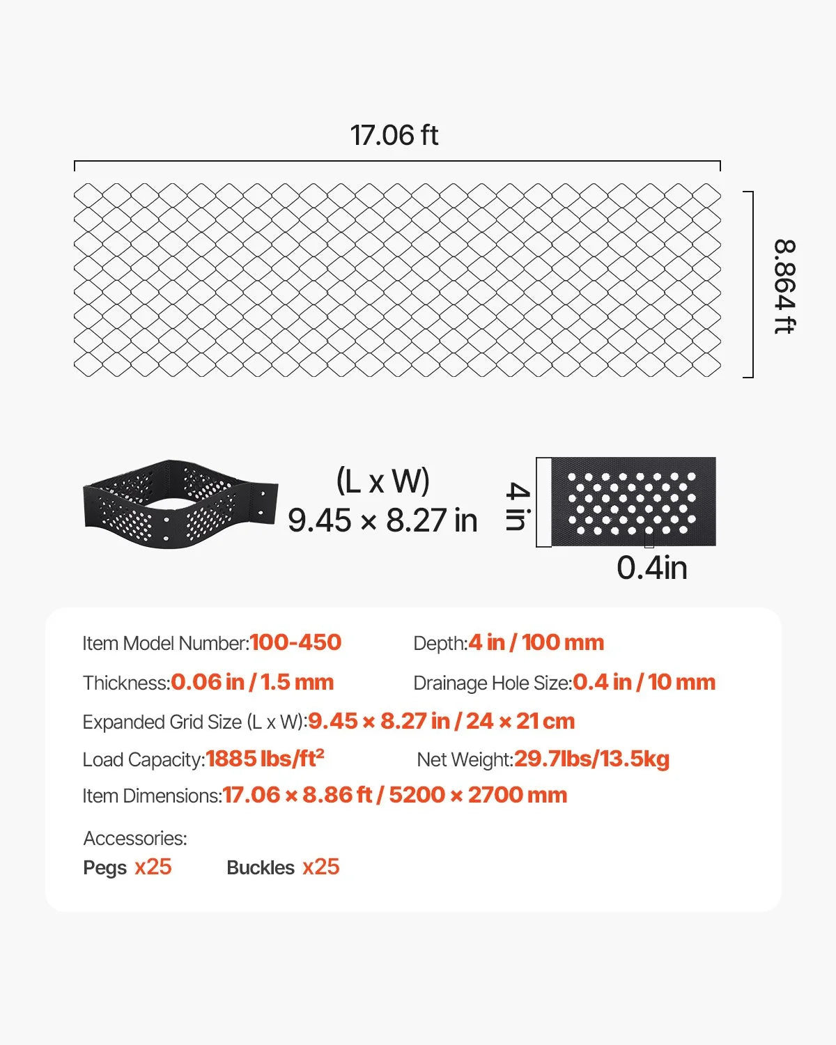 VEVOR Gravel Grid, 4 Inch Depth, 17.06 x 8.86 FT / 5200 x 2700 mm, 1880 LBS Per Sq ft Grass Ground Retainer - view 6
