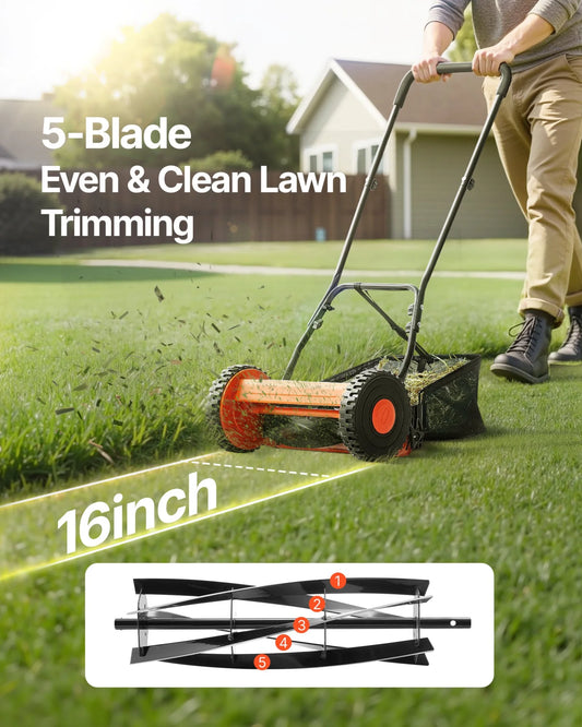 16" Manual Push Reel Lawn Mower 5-Blade Adjustable Height Grass Catcher 2 Wheels - view 1