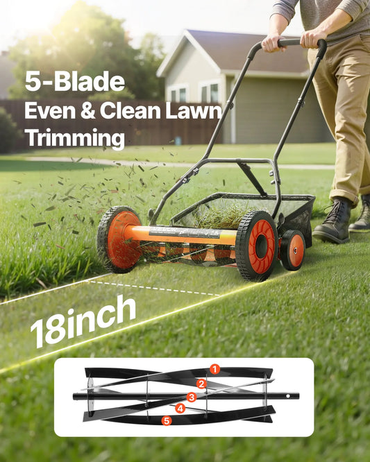 18" Manual Push Reel Lawn Mower 5-Blade Adjustable Height Grass Catcher 4 Wheels - view 1