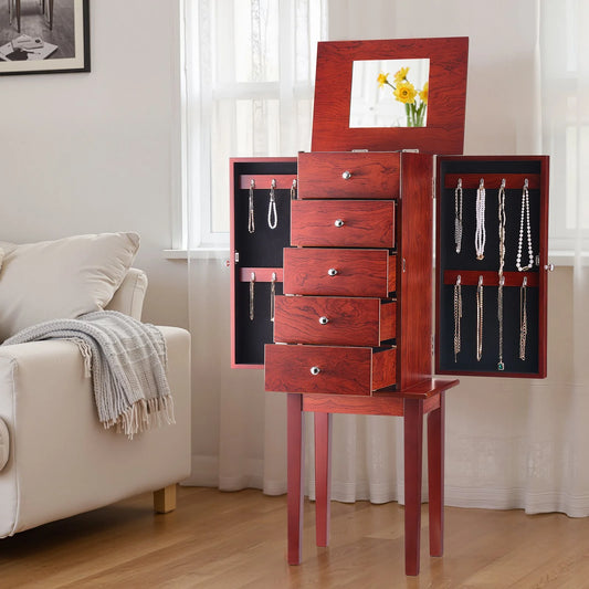 Jewelry Cabinet Armoire Standing Jewelry Storage Chest with 4 Drawers & Mirror - view 1