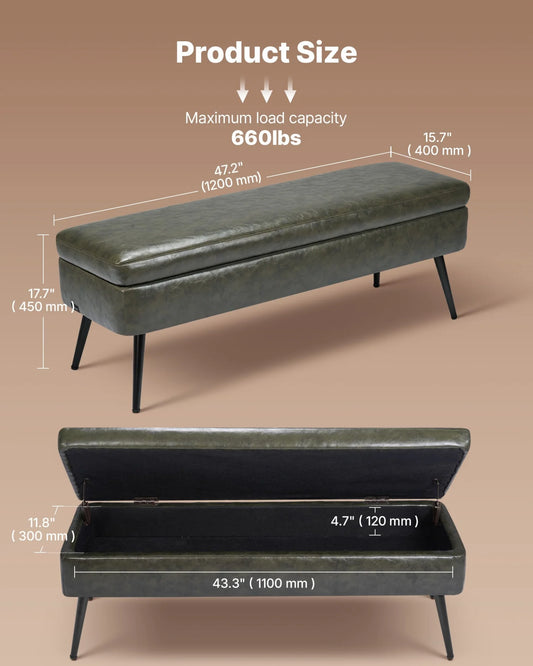 PU Leather Storage Ottoman Bench Shoe Seat with Storage & Metal Legs Green - view 1