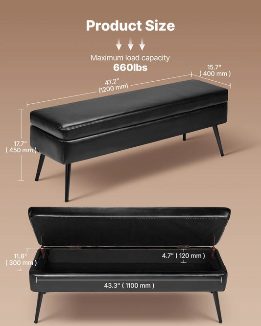 PU Leather Storage Ottoman Bench Shoe Seat with Storage & Metal Legs Black - view 1