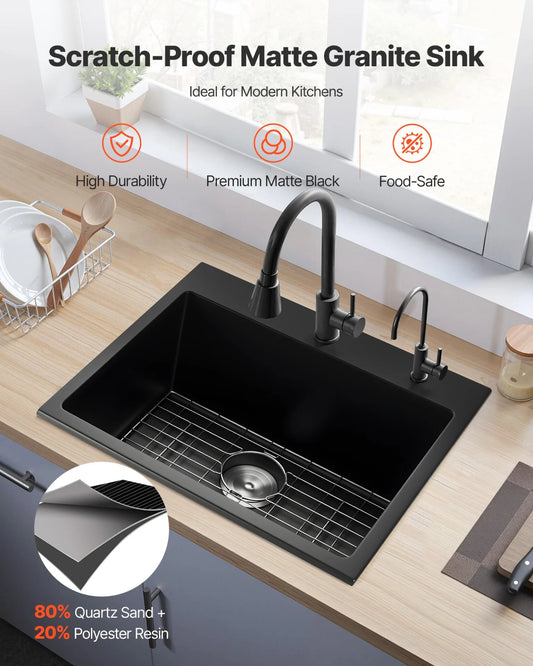 25 inch Granite Kitchen Sink Top Mount Single Bowl Drop-In Basin for RV Bar - view 1