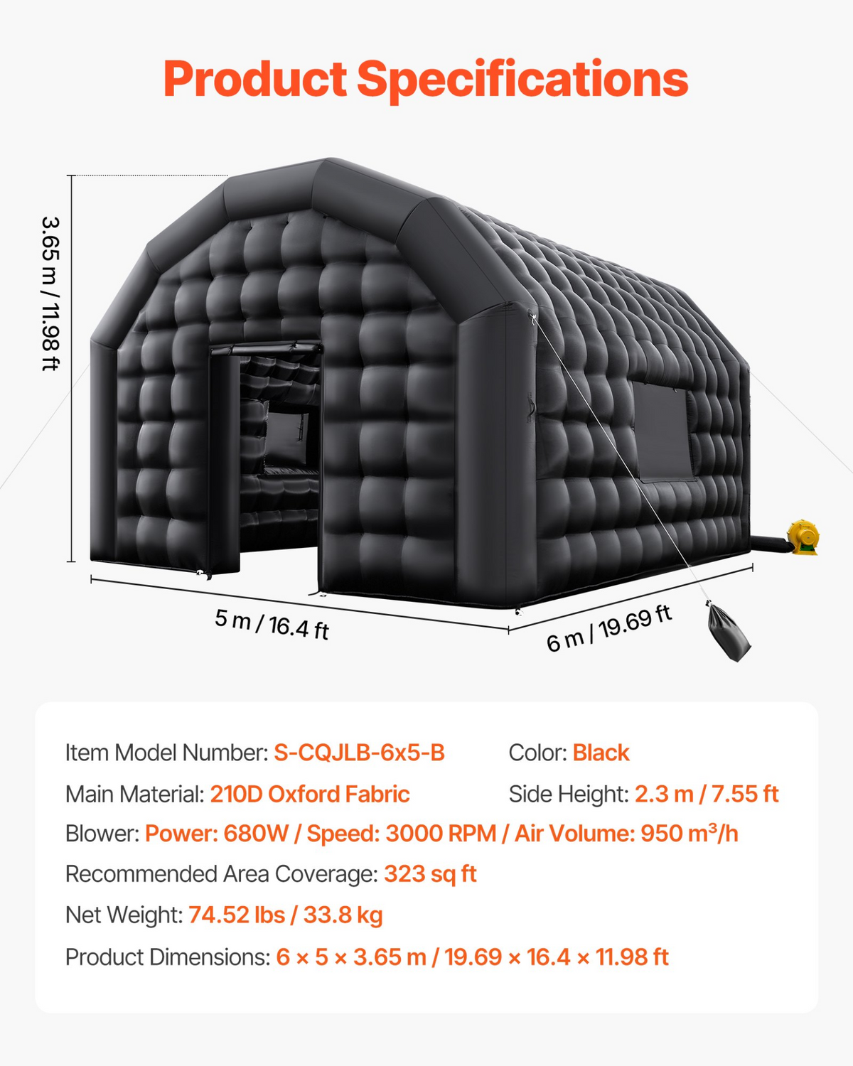 VEVOR Inflatable Nightclub 19.7 x 16.4 x 12 ft Inflatable Party Tent with 680W Blower & Sandbag - view 6