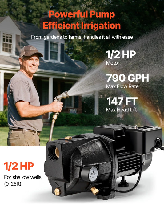 VEVOR 1/2 HP Shallow Well Jet Pump, AC 115/230 Volt, 790 GPH Dual Voltage Cast Iron Well Jet Pump, - view 1