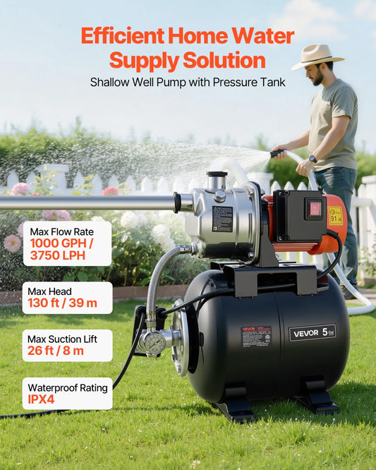 VEVOR 1 HP Shallow Well Pump with Pressure Tank, 120V 1000 GPH, Stainless Steel Irrigation Jet Pump - view 1