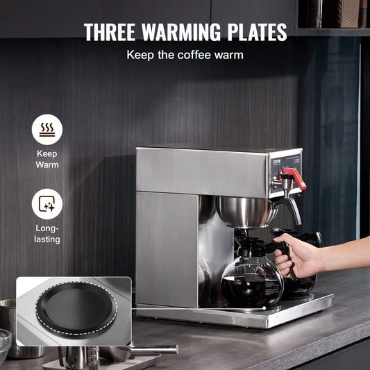 VEVOR 12 Cups Commercial Drip Coffee Maker, Coffee Maker Machine with 3 Glass Carafes and 3 Warmer - view 1