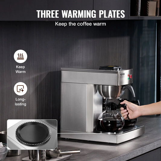 VEVOR 12 Cups Commercial Drip Coffee Maker, Coffee Maker Machine with 3 Glass Carafes and 3 Warmer - view 1