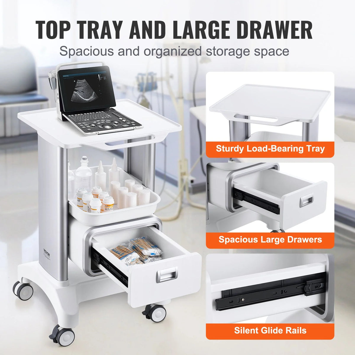 VEVOR 2 Tiers Lab Carts, Lab Utility Cart with 1 Drawer & 1 Top Tray, Mobile Medical Cart with ABS - view 4