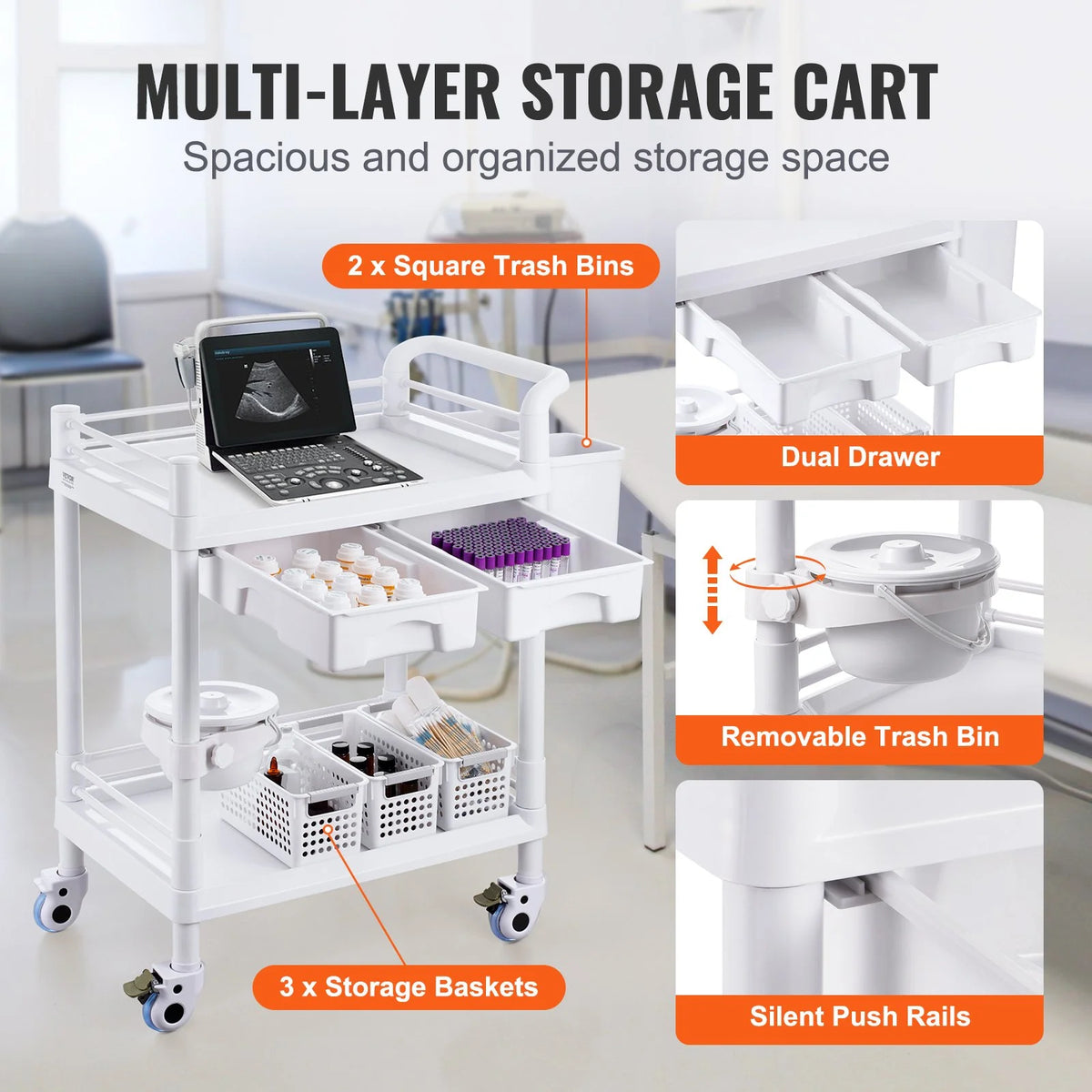 VEVOR 2 Tiers Lab Carts, Lab Utility Cart with 2 Trays, 2 Drawers & 4 Silent Wheels, Mobile Medical - view 4
