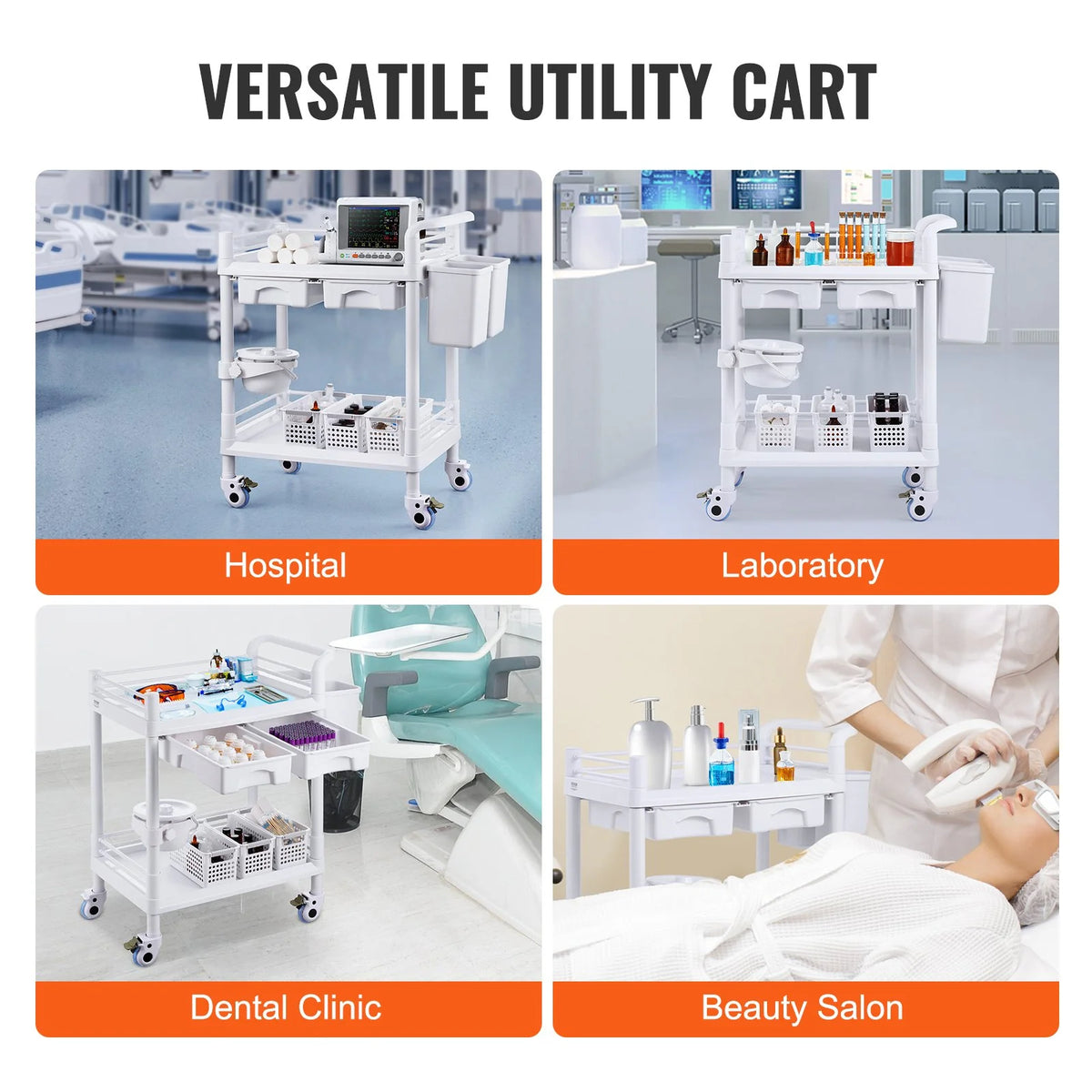 VEVOR 2 Tiers Lab Carts, Lab Utility Cart with 2 Trays, 2 Drawers & 4 Silent Wheels, Mobile Medical - view 5