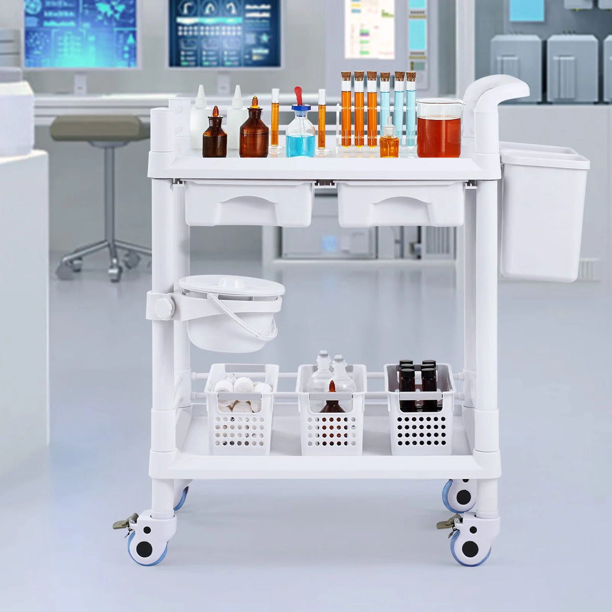 VEVOR 2 Tiers Lab Carts, Lab Utility Cart with 2 Trays, 2 Drawers & 4 Silent Wheels, Mobile Medical - view 7