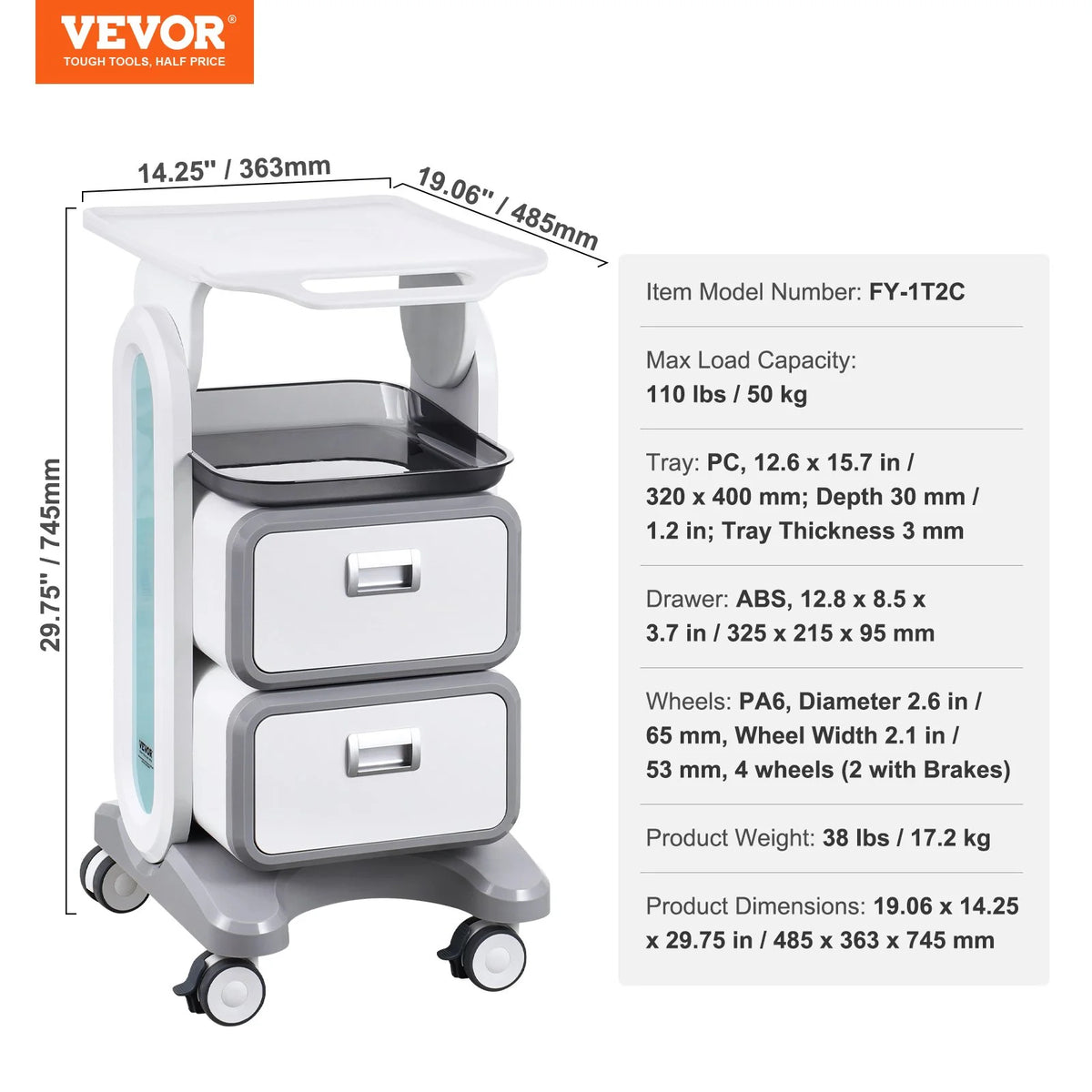 VEVOR 3 Tiers Lab Carts, Lab Utility Cart with 2 Drawers & 1 Top Tray, Mobile Medical Cart with ABS - view 6