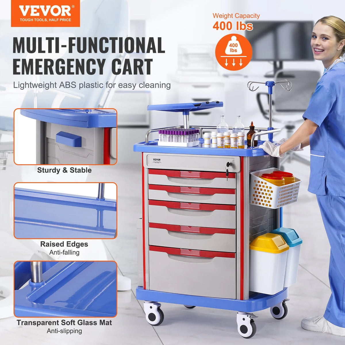VEVOR 5 Tiers Lab Carts, Lab Utility Cart with 5 Drawers & 4 Silent Wheels, Mobile Medical Cart - view 1