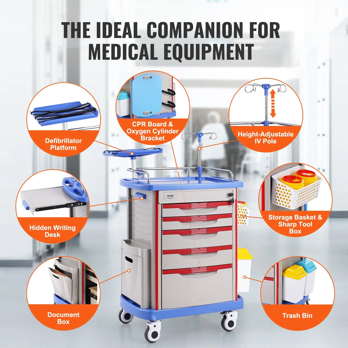 VEVOR 5 Tiers Lab Carts, Lab Utility Cart with 5 Drawers & 4 Silent Wheels, Mobile Medical Cart - view 3