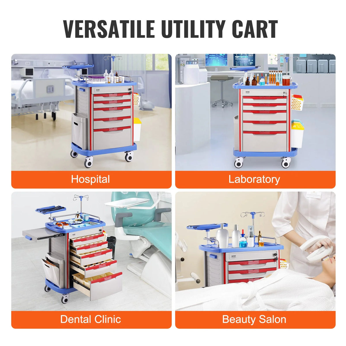 VEVOR 5 Tiers Lab Carts, Lab Utility Cart with 5 Drawers & 4 Silent Wheels, Mobile Medical Cart - view 5
