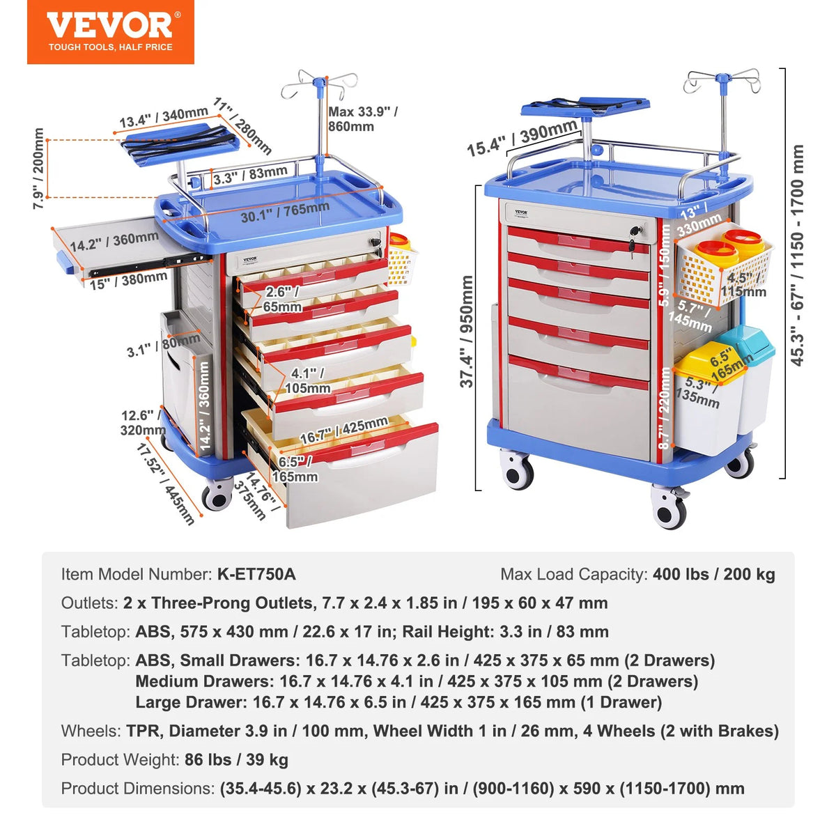 VEVOR 5 Tiers Lab Carts, Lab Utility Cart with 5 Drawers & 4 Silent Wheels, Mobile Medical Cart - view 6