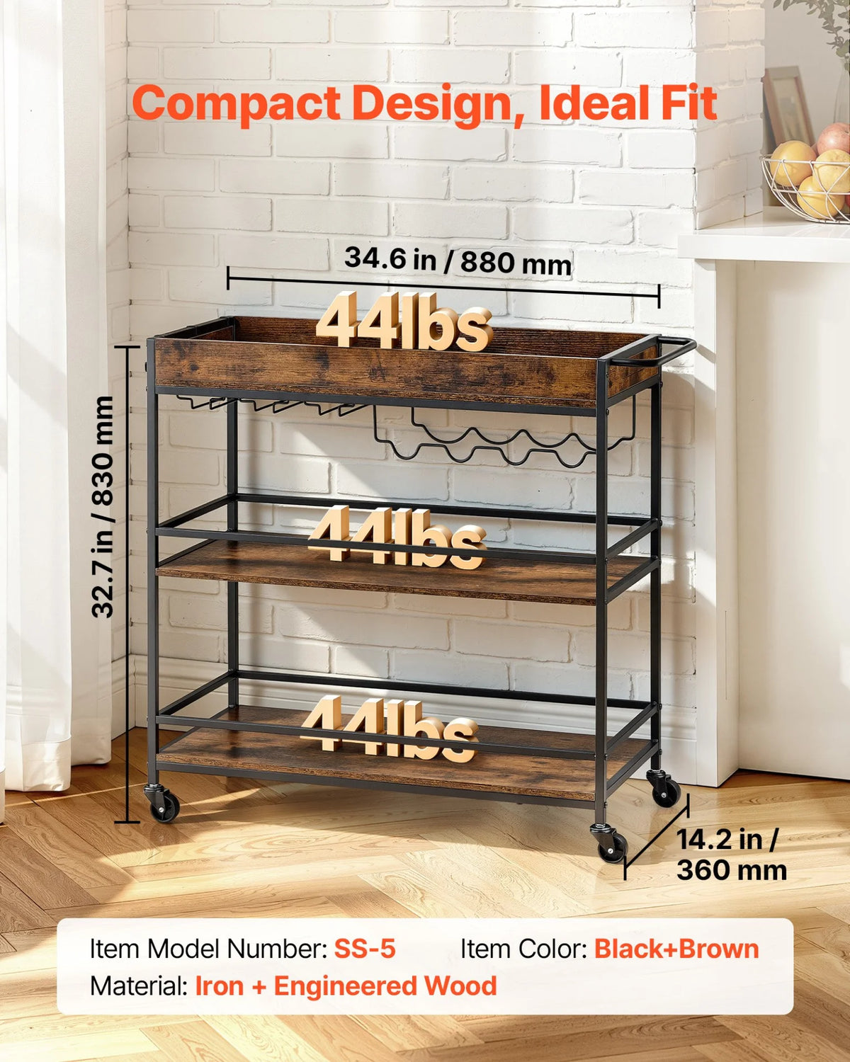 VEVOR Bar Cart, 3 Tiers Home Kitchen Serving Carts, Industrial Rolling Utility Station on Wheel, - view 1