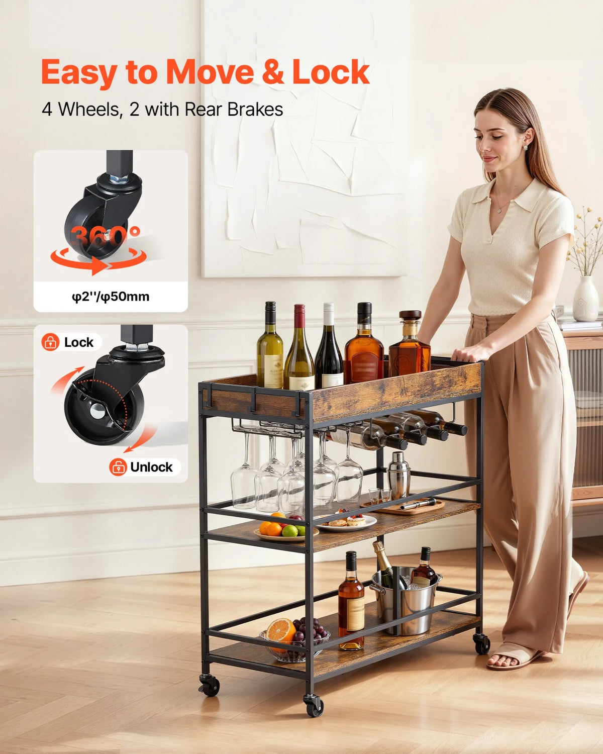 VEVOR Bar Cart, 3 Tiers Home Kitchen Serving Carts, Industrial Rolling Utility Station on Wheel, - view 2