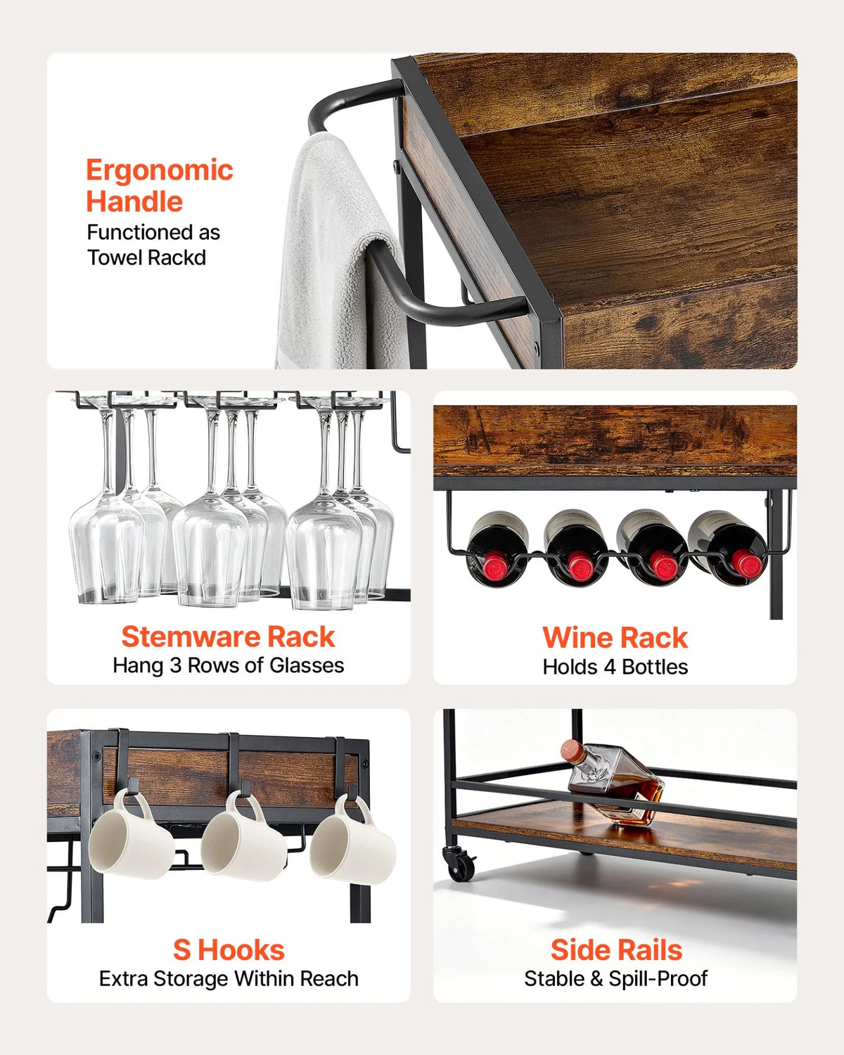 VEVOR Bar Cart, 3 Tiers Home Kitchen Serving Carts, Industrial Rolling Utility Station on Wheel, - view 3