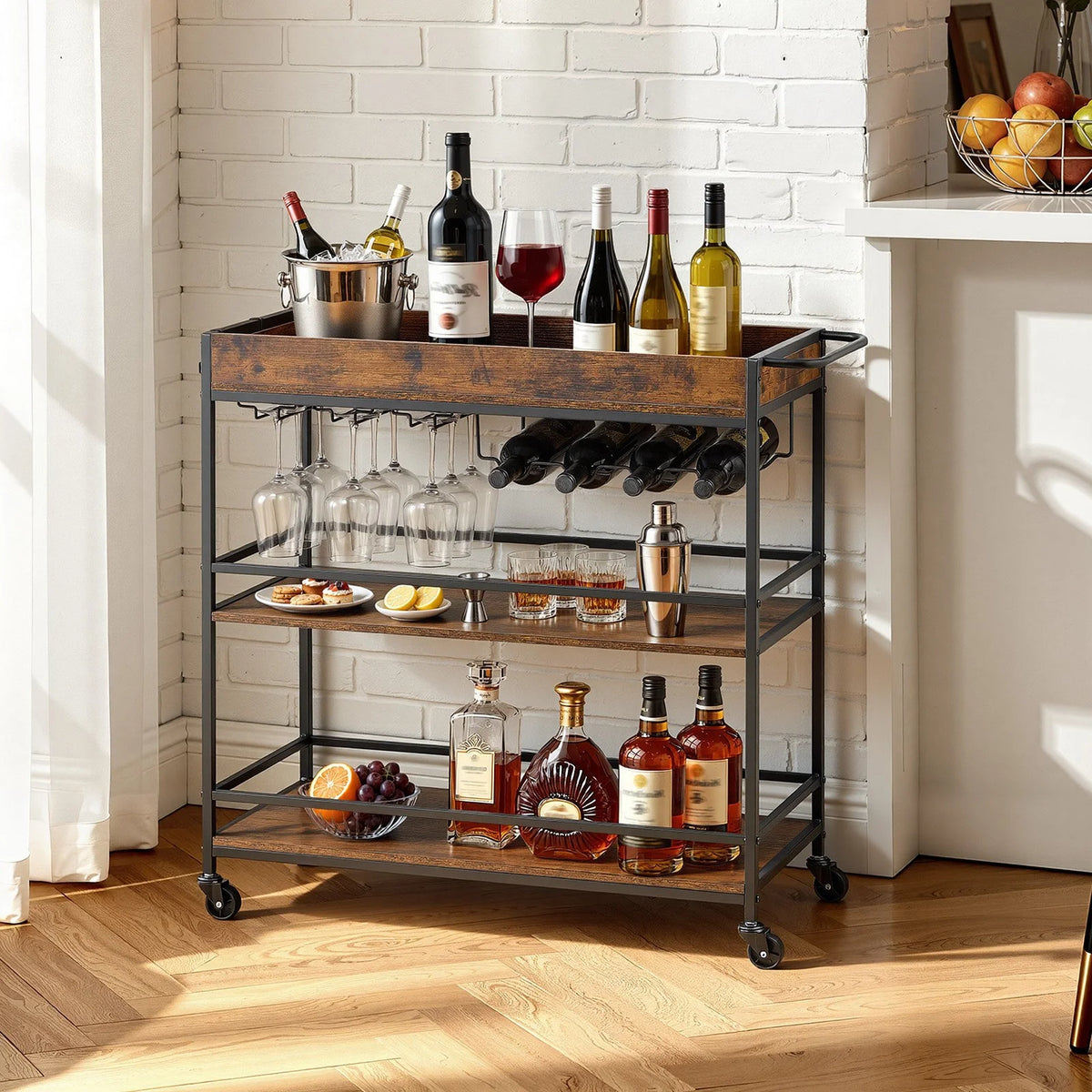 VEVOR Bar Cart, 3 Tiers Home Kitchen Serving Carts, Industrial Rolling Utility Station on Wheel, - view 7