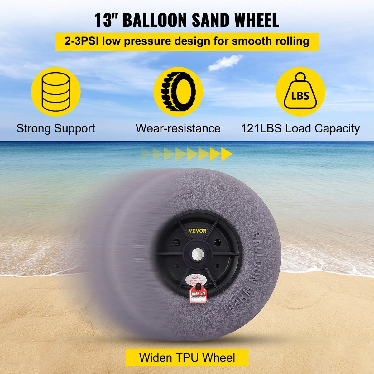 VEVOR Beach Balloon Wheels, 13" Replacement Sand Tires, TPU Cart Tires for Kayak Dolly, Canoe Cart - view 3