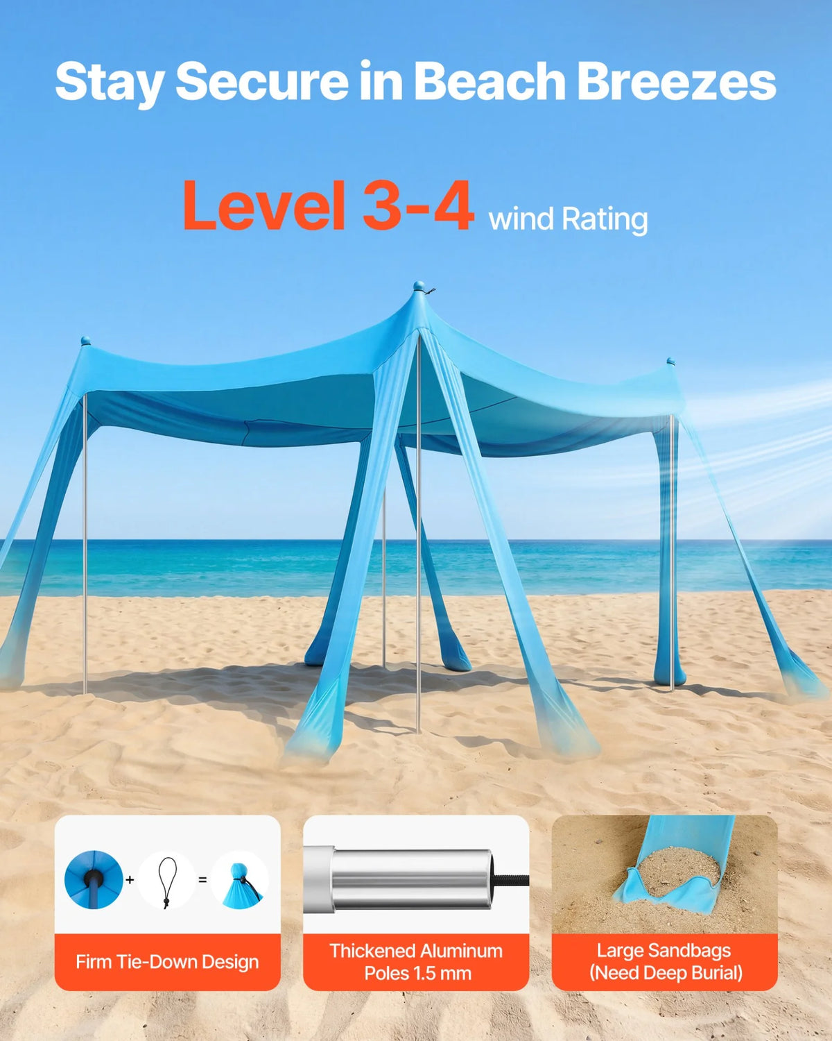 VEVOR Beach Tent Sun Shelter, UPF50+ Sun Protection, 6.6 ft Tall, 10 x 10 ft, Easy Pop Up Beach - view 3
