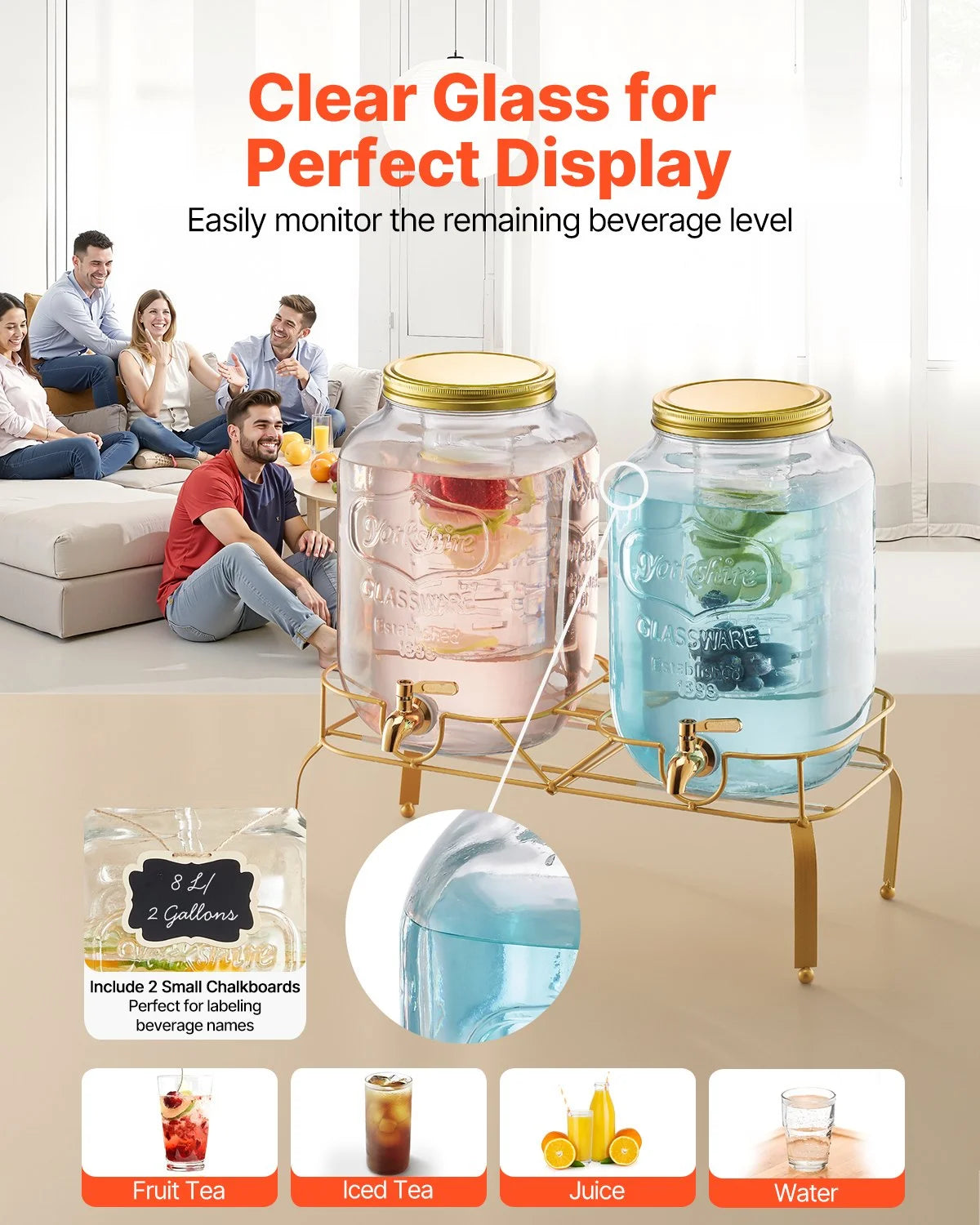 VEVOR Beverage Dispenser, 2 Pack 2 Gallon Drink Dispensers for Parties, Glass Juice Dispenser with - view 3