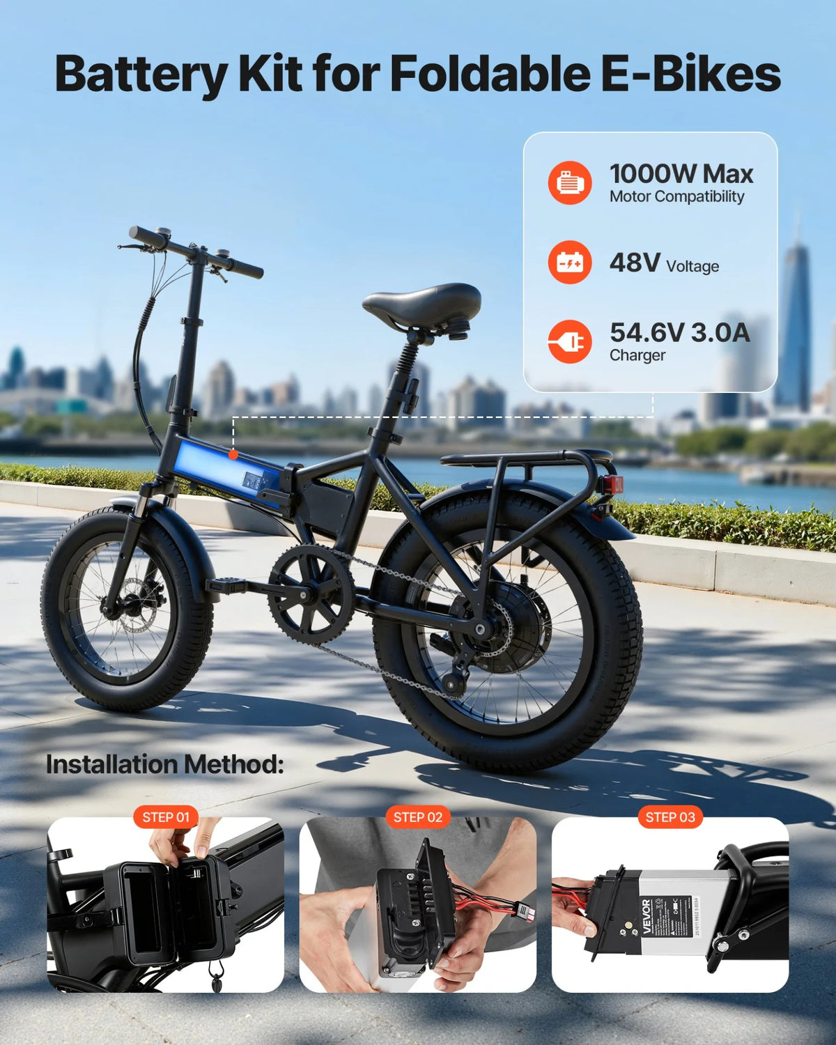 VEVOR Folding Ebike Battery, 48V 10.4Ah Electric Bike Lithium Battery Pack with BMS, 3A Charger, - view 1